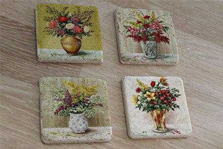 Vazoda Çiçekler Doğal Taş Bardak Altlığı 4'lü set - Natural Stone Coasters