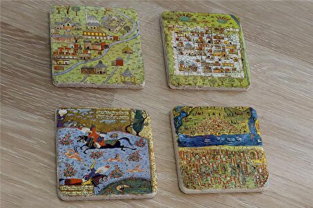 Matrakçı Nasuh Minyatürleri Doğal Taş Bardak Altlığı 4'lü set - Natural Stone Coasters
