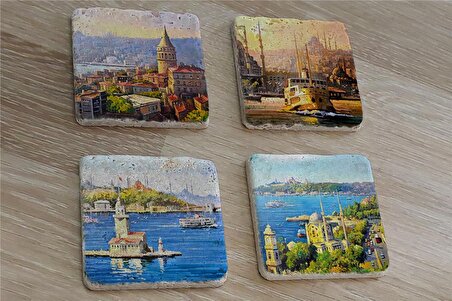 Galata Eminönü Kız Kulesi ve Ortaköy Doğal Taş Bardak Altlığı 4'lü set - Natural Stone Coasters
