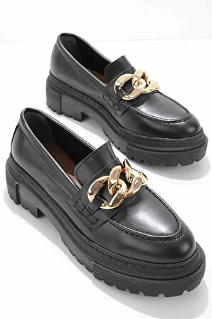 Kadın Günlük Siyah Loafer Gümüş Zincir Detay Ayakkabı 