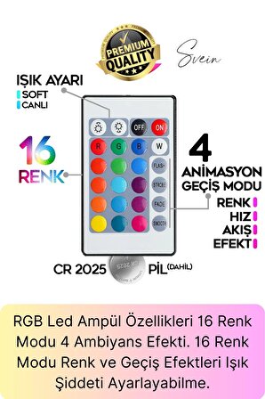 Premium RGB Uzaktan Kumandalı Çok Renkli Led Ampul E27 800lm 9w Gün Işığı 16 Renk Tasarruflu Işık