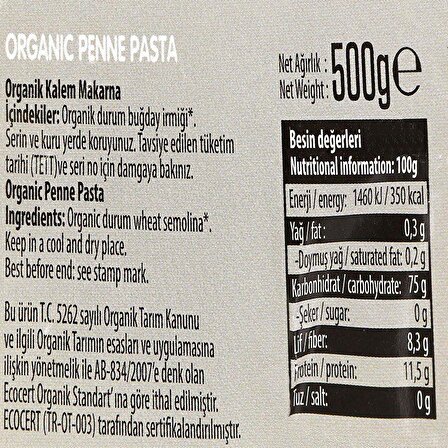 Organik Kalem Makarna (500 gr) - Beyorganik