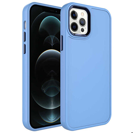 iPhone 12 Pro Uyumlu Metal Çerçeve ve Buton Tasarımlı Sert Zore Botox Kapak-Mavi