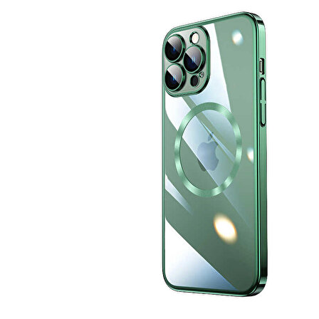 iPhone 14 Pro Max Uyumlu Wireless Şarj Özellikli Sert PC Zore Riksos Magsafe Kapak-Koyu Yeşil