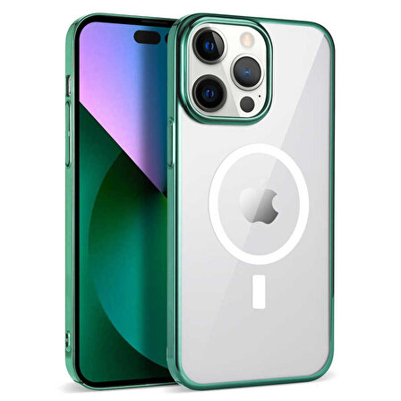 iPhone 13 Pro Max Uyumlu Zore Wireless Şarj Özellikli Pixel Magsafe Kapak-Koyu Yeşil