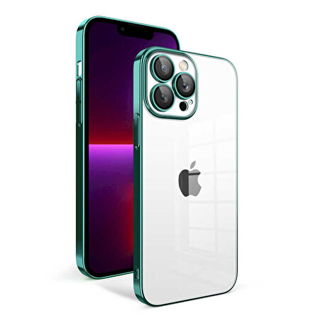 iPhone 13 Pro Uyumlu Kamera Korumalı Renkli Çerçeveli Zore Garaj Kapak-Koyu Yeşil