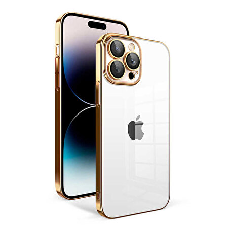 iPhone 14 Pro Uyumlu Kamera Korumalı Renkli Çerçeveli Zore Garaj Kapak-Gold