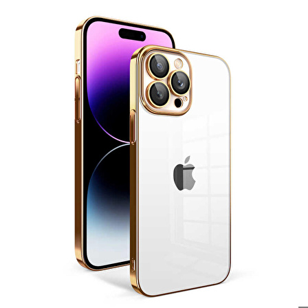 iPhone 14 Pro Max Uyumlu Kamera Korumalı Renkli Çerçeveli Zore Garaj Kapak-Gold