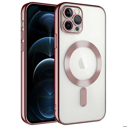 iPhone 12 Pro Uyumlu Kamera Korumalı Magsafe Wireless Şarj Özellikli Zore Demre Kapak-Rose Gol