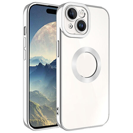 iPhone 15 Uyumlu Kamera Korumalı Logo Gösteren Zore Omega Kapak-Gümüş