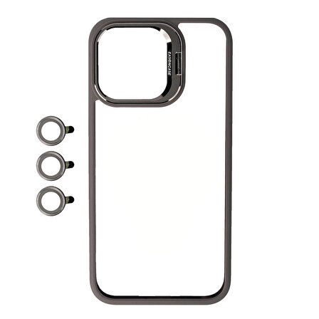 iPhone 15 Pro Uyumlu Kamera Lens Korumalı Standlı Zore Klon Lensli Kapak-Gri