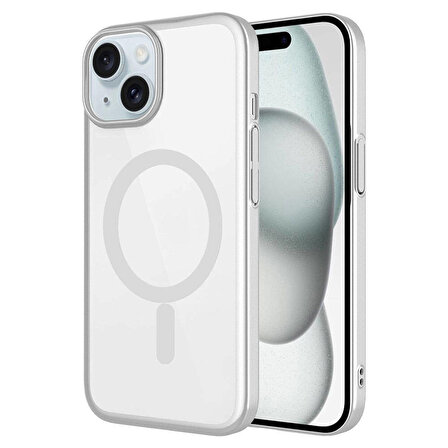 iPhone 15 Uyumlu Wireless Şarj Özellikli Sert PC Zore Mat Riksos Magsafe Kapak-Gümüş