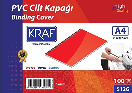 KRAF CİLT KAPAĞI A4 160 MİC. 100 LÜ KIRMIZI 512G