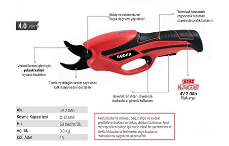 RODEX AKÜLÜ BUDAMA MAKASI 4.0 VOLT