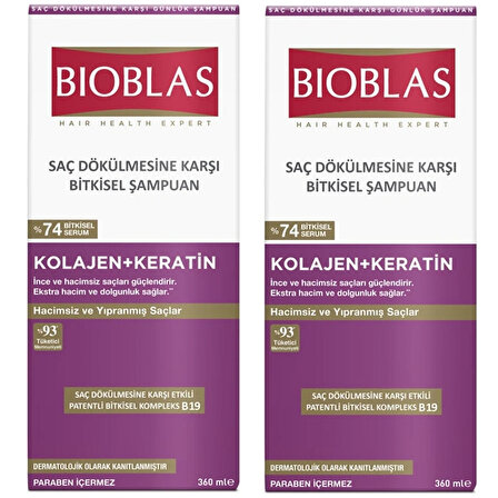Bioblas Kolajen + Keratin Saç Dökülmesine Karşı Hacim Şampuanı 360 ml 2 ADET