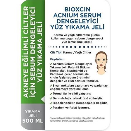Bioxcin Acnium Karma ve Yağlı Cilt için Dengeleyici Bitkisel Parabensiz Yüz Temizleme Jeli 500 ml 