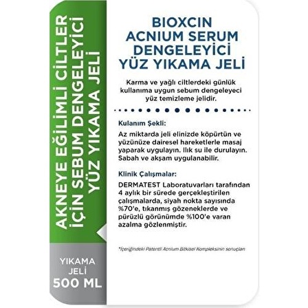 Bioxcin Acnium Karma ve Yağlı Cilt için Dengeleyici Bitkisel Parabensiz Yüz Temizleme Jeli 500 ml 