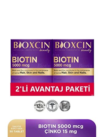Bioxcin Biotin 5.000 Mcg 30 Tablet + Çinko 15 Mg Saç ve Tırnak Vitamini 2 Li