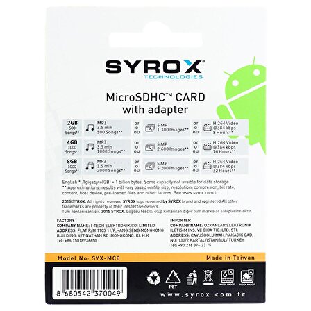 Syrox 8 GB Micro Sd Card Hafıza Kartı & Adaptörü MC8