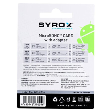 Syrox 16 GB Micro Sd Card Hafıza Kartı & Adaptörü Class 10 MC16