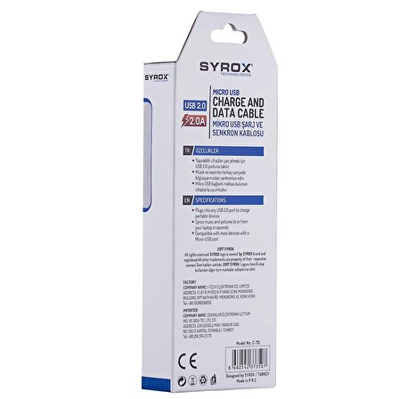 Syrox 2.0A Samsung S6/S7 Micro Şarj & Data Kablo 1.05M C70