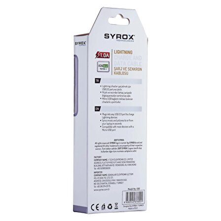 Syrox 1.0A iPhone 5S Şarj & Data Kablosu 1M C02