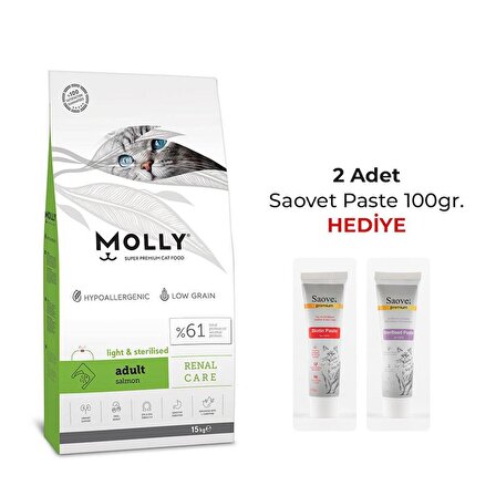 Molly Renal Care HypoAllergenic Somonlu Düşük Tahıllı Kısırlaştırılmış Kedi Maması 15 Kg + 2 Adet Saovet Pasta 100 gr. Hediye