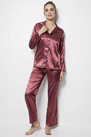 Miorre Kadın Uzun Kollu Önden Düğmeli Saten Pijama Takımı