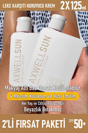 Axwell Sun Care Cream 50+ Faktör Leke Karşıtı Tüm Cilt Tipleri İçin Renksiz Güneş Koruyucu Krem 2x125 ml