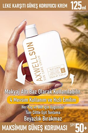 Axwell Sun Care Cream 50+ Faktör Leke Karşıtı Tüm Cilt Tipleri İçin Renksiz Güneş Koruyucu Krem 125 ml