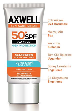 Axwell Sun Care 50+ Faktör Leke Karşıtı Tüm Cilt Tipleri İçin Renksiz Yüz Güneş Koruyucu Krem 50 ml