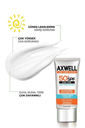 Axwell Sun Care 50+ Faktör Leke Karşıtı Tüm Cilt Tipleri İçin Renksiz Yüz Güneş Koruyucu Krem 4x50 ml