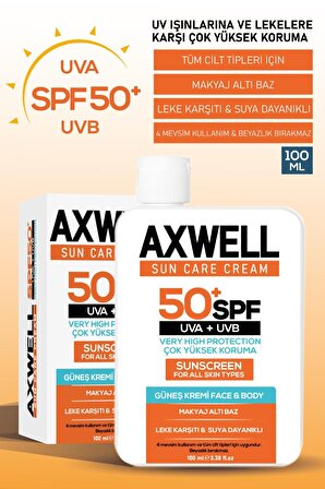 Axwell Sun Care 50+ Faktör Leke Karşıtı Tüm Cilt Tipleri İçin Renksiz Yüz Güneş Koruyucu Krem 100 ml
