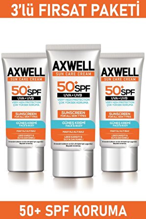 Axwell Sun Care 50+ Faktör Leke Karşıtı Tüm Cilt Tipleri İçin Renksiz Yüz Güneş Koruyucu Krem 3x50 ml