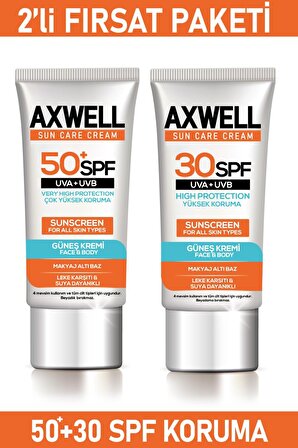 Axwell Sun Care 50+ Faktör ve 30 Faktör Leke Karşıtı Tüm Cilt Tipleri İçin Renksiz Yüz Güneş Koruyucu Krem 2x50 ml