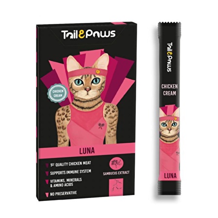 Tail & Paws LUNA Tavuklu ve Multivitaminli Şekersiz Sıvı Kedi Ödül Maması 15gr (5'li)