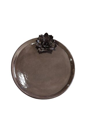 Kahverengi Stoneware Seramik Çiçekli El Yapımı Tabak