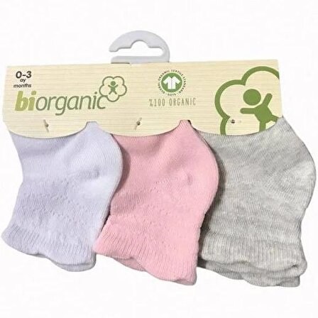 Bibaby Biorganik Desenli Basic 3Lü Çorap 68344 Beyaz-Pembe-Gri