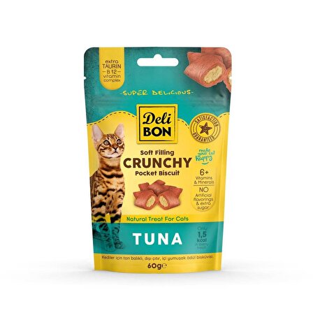 Delibon Crunchy İçi Dolgulu Bisküvi Tunalı Kedi Ödülü 60gr