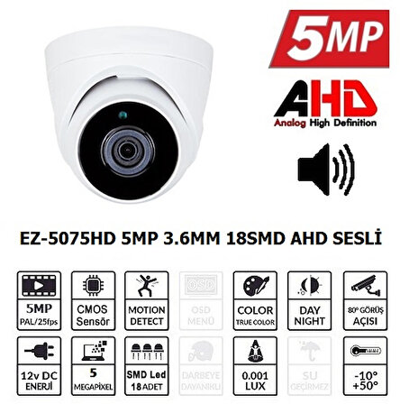 Ezcool EZ-5075HD 5 Megapiksel HD 1920x1080 Dome Güvenlik Kamerası