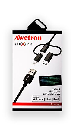Awetron Apple Mfi Lisanslı Lightning + Type-C + Micro Usb 3'lü Hasır İp Kablo 1,5metre