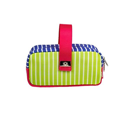Serve Kilitli Çok Amaçlı Çanta - Çizgili Model Kalem Kutusu / Makyaj Çantası Yeşil-Pembe-Mor