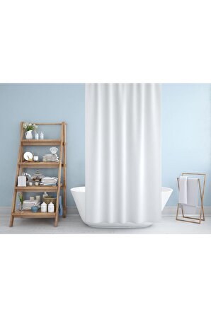 Beyaz Banyo Perdesi Yerli Üretim Duş Perdesi 12 Adet Plastik C-halkalı Banyo Duş Perdesi