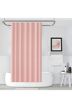 Pembe Banyo Perdesi Polyester Kumaş Duş Perdesi Yerli Üretim Pudra Duş Perde Plastik C-halka Hediye