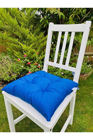 Mavi Renk Pamuklu Kumaş Pofidik Kare Dekoratif Sandalye Minderi 35x35 Cm, Bağcıklı Sandalye Minderi