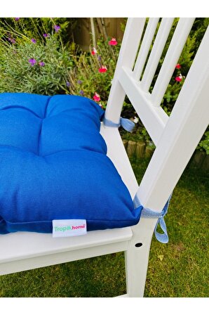 Mavi Renk Pamuklu Kumaş Pofidik Kare Dekoratif Sandalye Minderi 35x35 Cm, Bağcıklı Sandalye Minderi