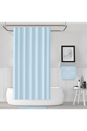 Mavi Polyester Kumaş  Banyo Perdesi Yerli Üretim Duş Perdesi Plastik C-halka