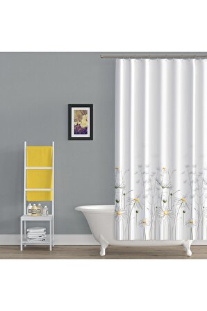 Banyo Perdesi Papatya Çiçek Desen Duş Perde Su Geçirmez Küvet Perde 180x200 Duş Perdesi 12 C-halkalı