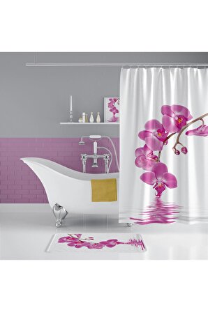 Pembe Orkide Desen Banyo Paspası, Dijital Baskılı Kaymaz Taban Banyo Paspası Ve Orkid Banyo Perdesi