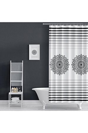 Siyah Çizgili Banyo Perdesi, 180x200cm Duş Perdesi-tek Kanat Banyo Duş Perdesi- C Halka Hediyeli